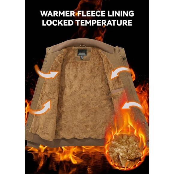 Men's Khaki  Winter Cargo Fleece Sherpa Lined Casual Windproof Bomber Jacket - Picture 2 of 6
